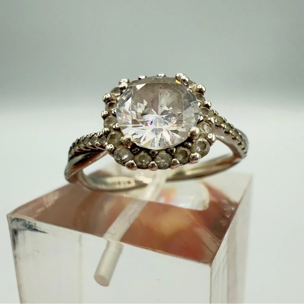 Faux Engagement Glamour Ring Marked 925 with CZ Stones - Size 8